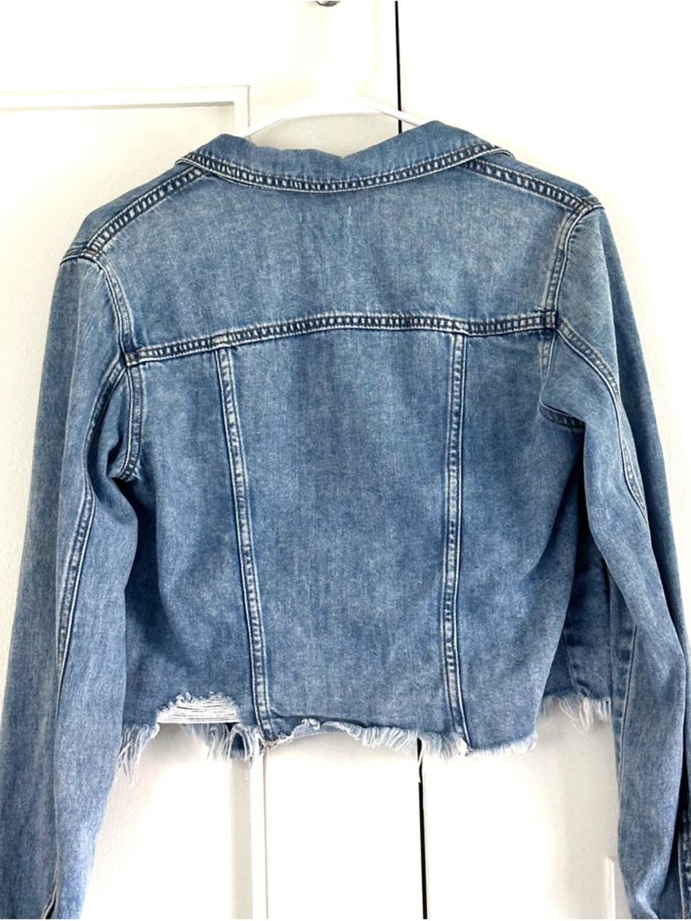 Cropped Denim Jacket Y2K Grunge Raw Hem Fitted Blue Small Hidden Jeans - Picture 3 of 8